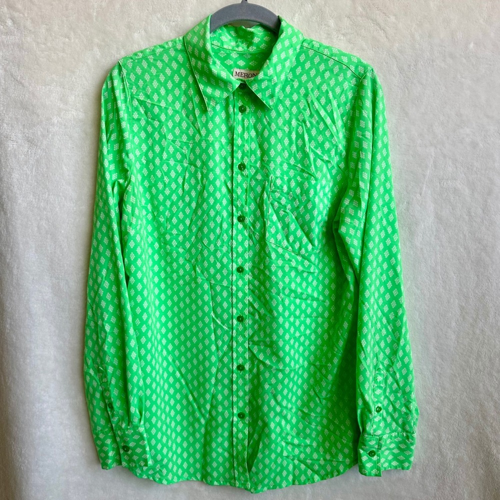 Merona Lime Green Button Down Shirt Long Sleeve Diamond Print Blouse Pocket M